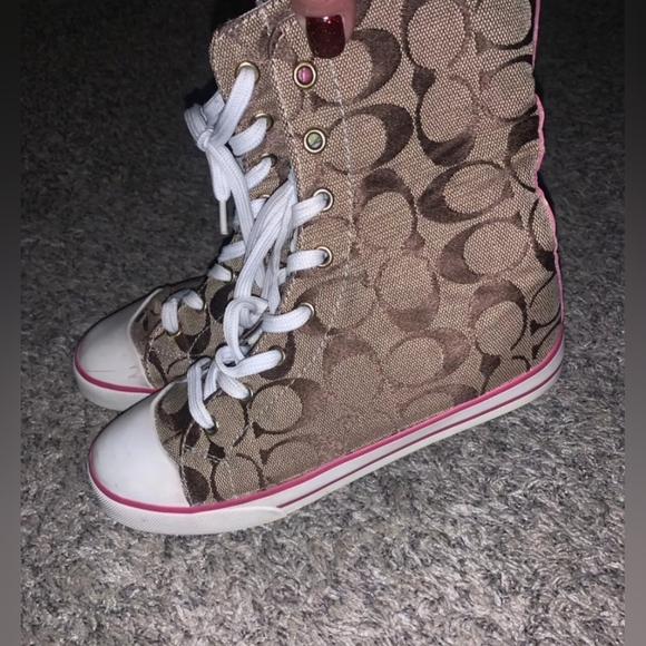 Coach Tan signature Canvas High Top Shoes Women Sz. 7 Barrett Graffiti FLAWED - Picture 4 of 12